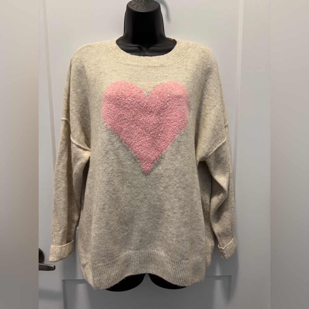 CeCe Size L Cozy Oatmeal Sweater with Pink Sequin Heart